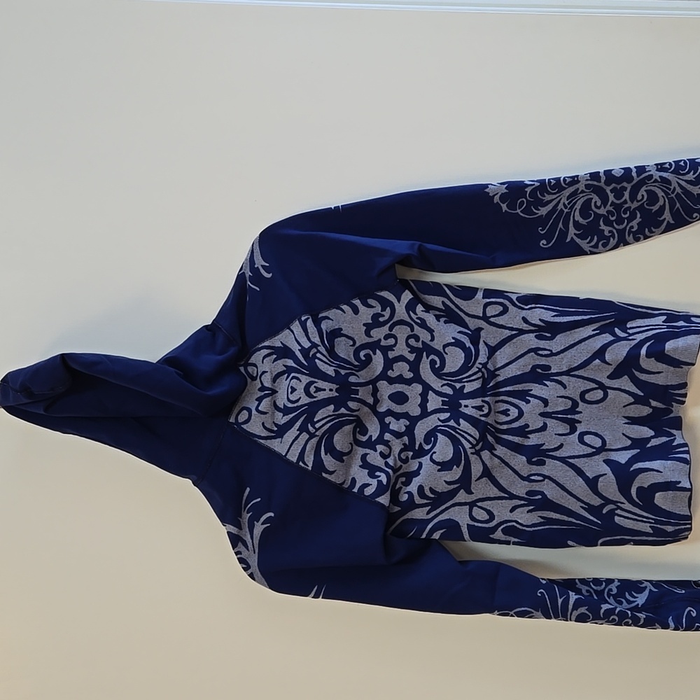Athleta Blue Gray Pattern Hooded Half-Zip Top Small Thumbholes Active Longsleeve - Picture 5 of 7